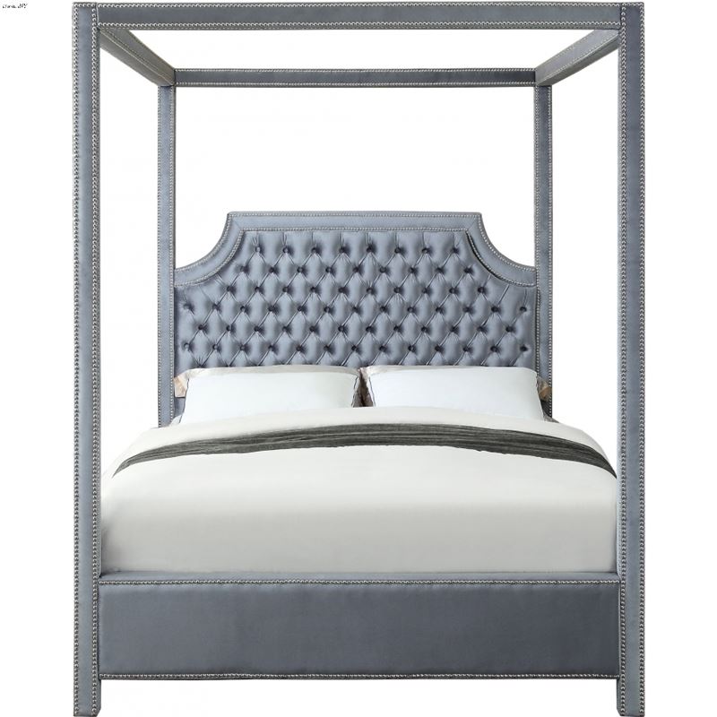 Rowan Grey Velvet Upholstered Tufting Canopy Bed