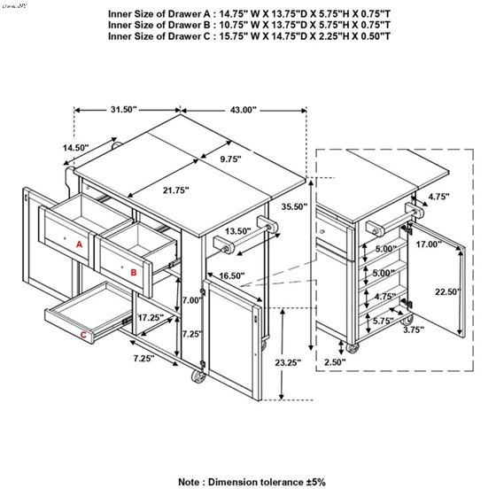 Coaster Jalen 900558 Kitchen cart dimensions