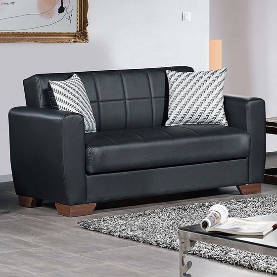 Barato Black Leatherette Convertible Loveseat w-2