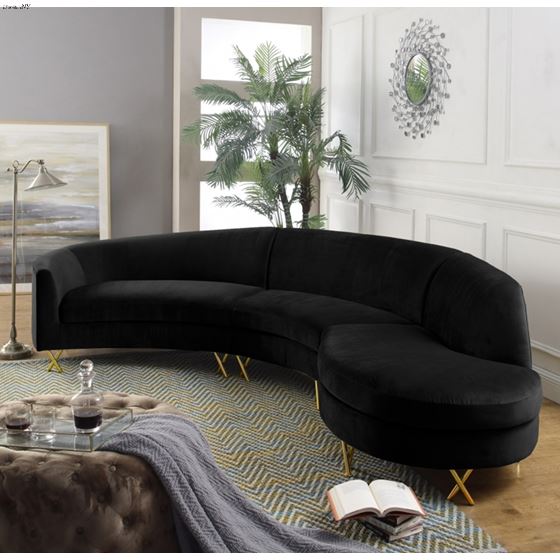 Serpentine Black Velvet Upholstered Sectional - 2