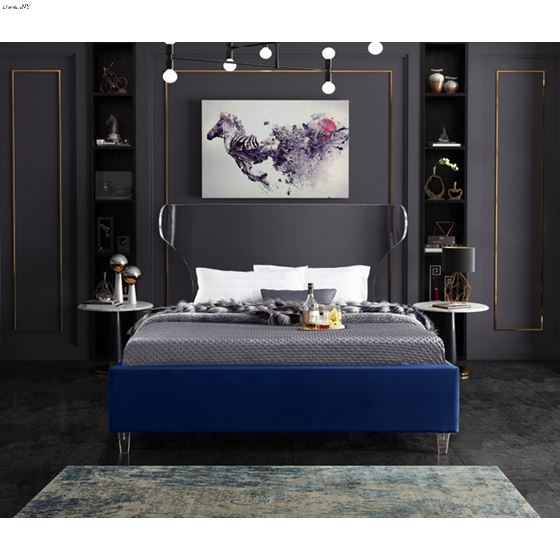 Ghost Acrylic and Navy Velvet Upholstered Bed-4