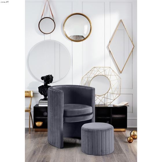 Selena Grey Velvet Upholstered Chair and Ottoman in room