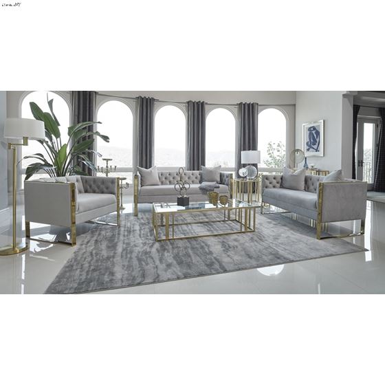 Eastbrook Grey Velvet Sofa with Gold Trim Tufted-2