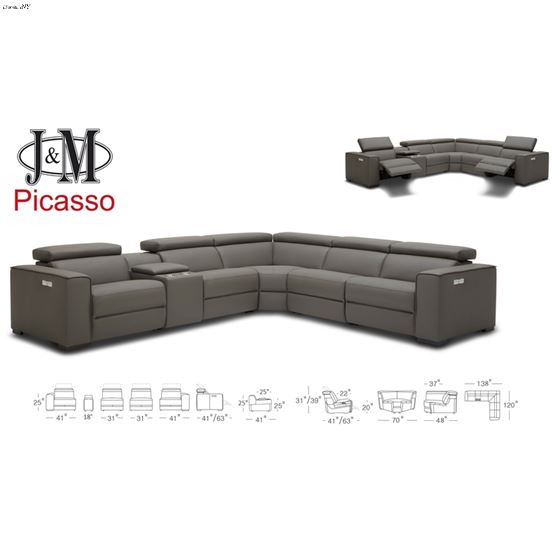 JM Picasso Blue Grey Leather Motion Sectional Dimensions