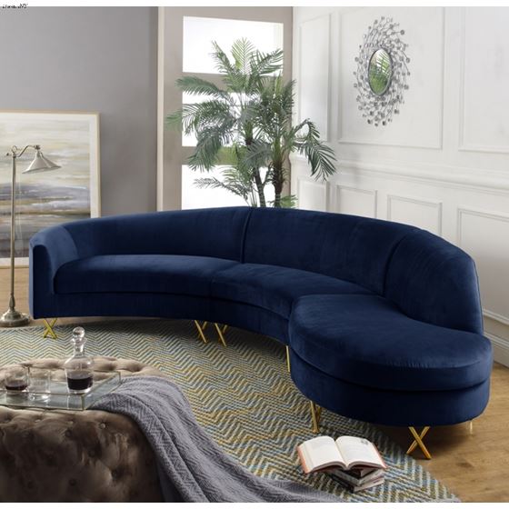 Serpentine Navy Velvet Upholstered Sectional - 2