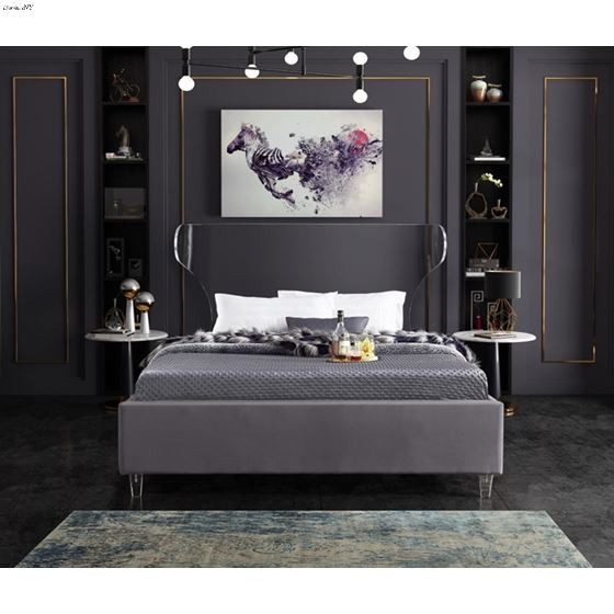 Ghost Acrylic and Grey Velvet Upholstered Bed-4