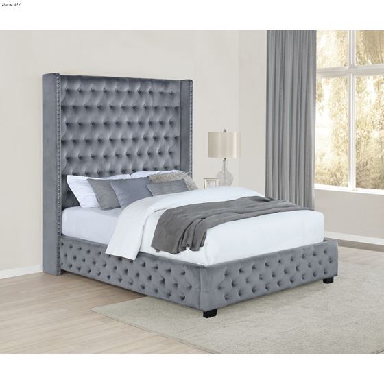 Rocori Grey Velvet King Wingback Tufted Bed 3060-3