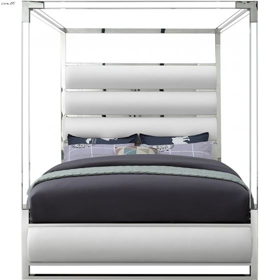 Encore King White Poster Canopy Faux Leather Bed-2