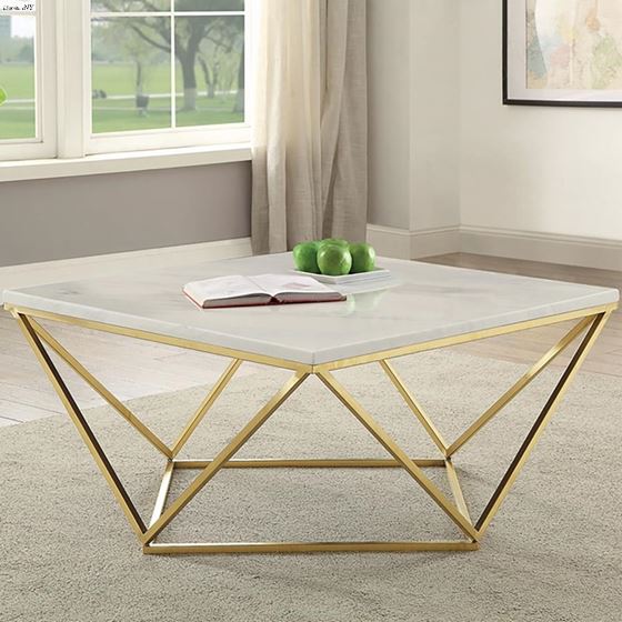 Meryl White and Gold Square Faux Marble Top Cof-2