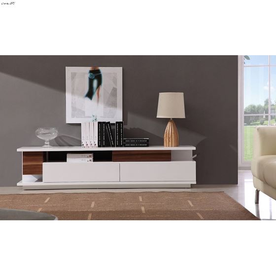 Modern TV061 White and Walnut 71 inch TV Stand in room