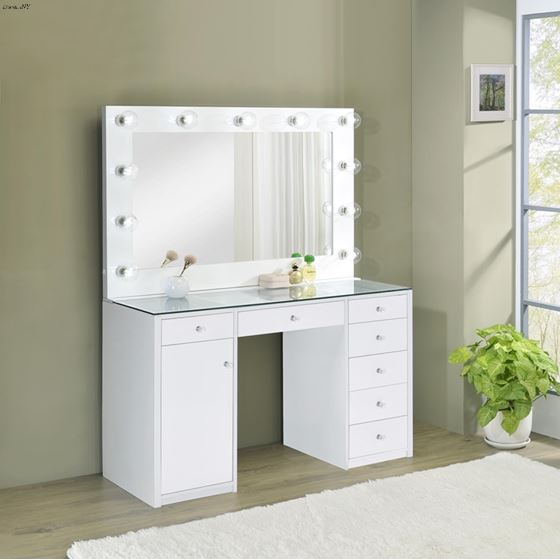 Acena White 7 Drawer Glass Top Vanity Set with-2