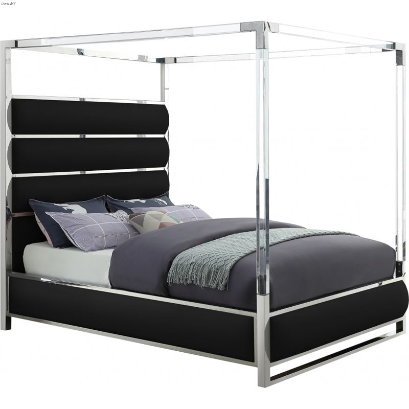Encore Queen Black Poster Canopy Faux Leather Bed