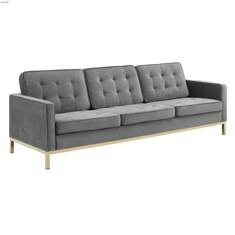 Loft Modern Grey Velvet and Gold Legs Tufted Sofa