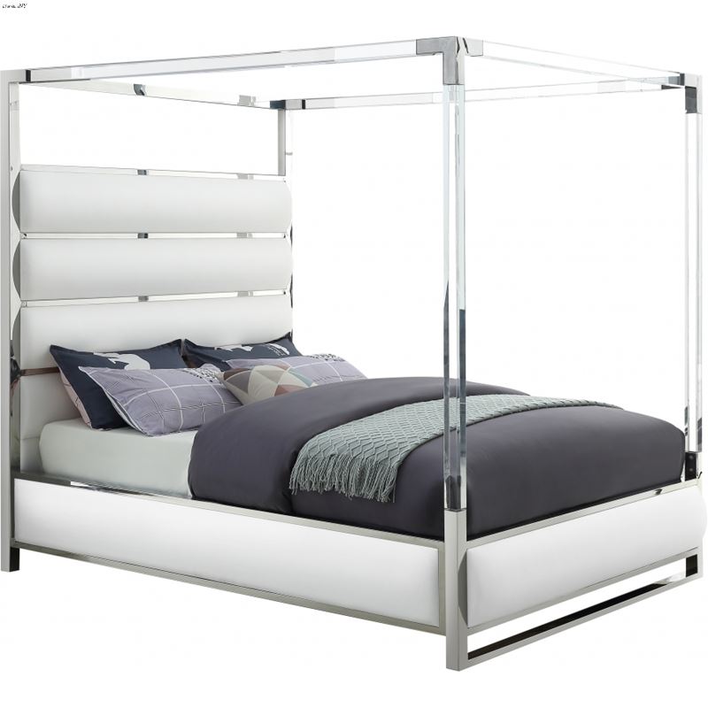 Encore King White Poster Canopy Faux Leather Bed