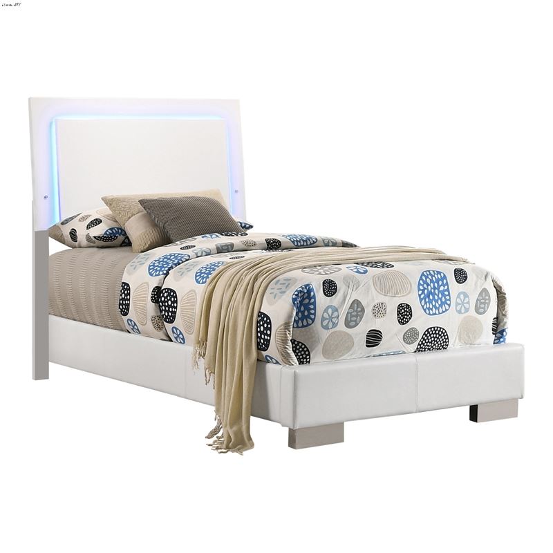 Felicity Glossy White Twin Panel Bed with LED Ligh