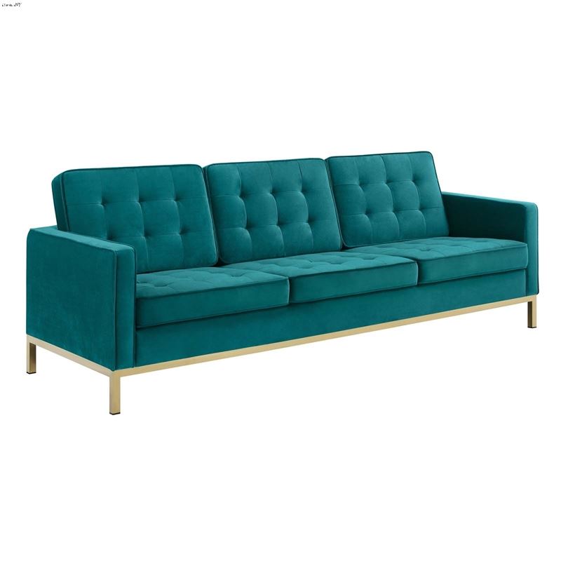 Loft Modern Teal Velvet and Gold Legs Tufted Sofa