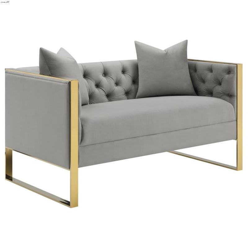 Eastbrook Grey Velvet Loveseat with Gold Trim Tuft