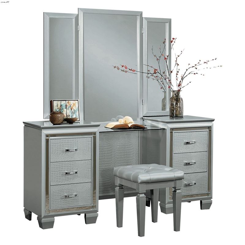 Allura Silver 6 Drawer Vanity Dresser with Mirror