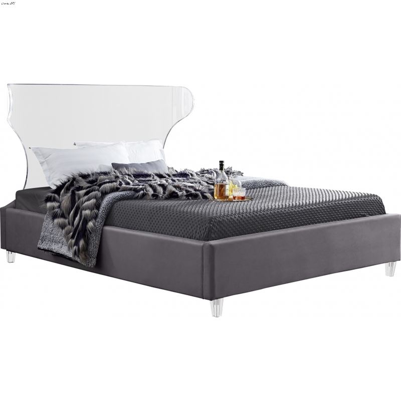 Ghost Acrylic and Grey Velvet Upholstered Bed